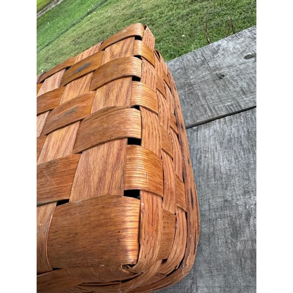 Vintage Woven Wood Pie Picnic Basket Square Carrier with Slatted Wooden Lid USED